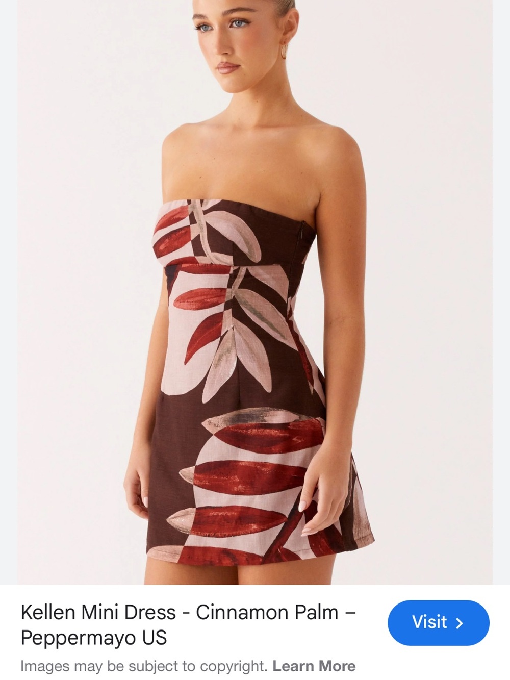 Peppermayo Strapless Brown Floral Print Midi Dress with Pink and Red Leaves - Picture 3 of 5